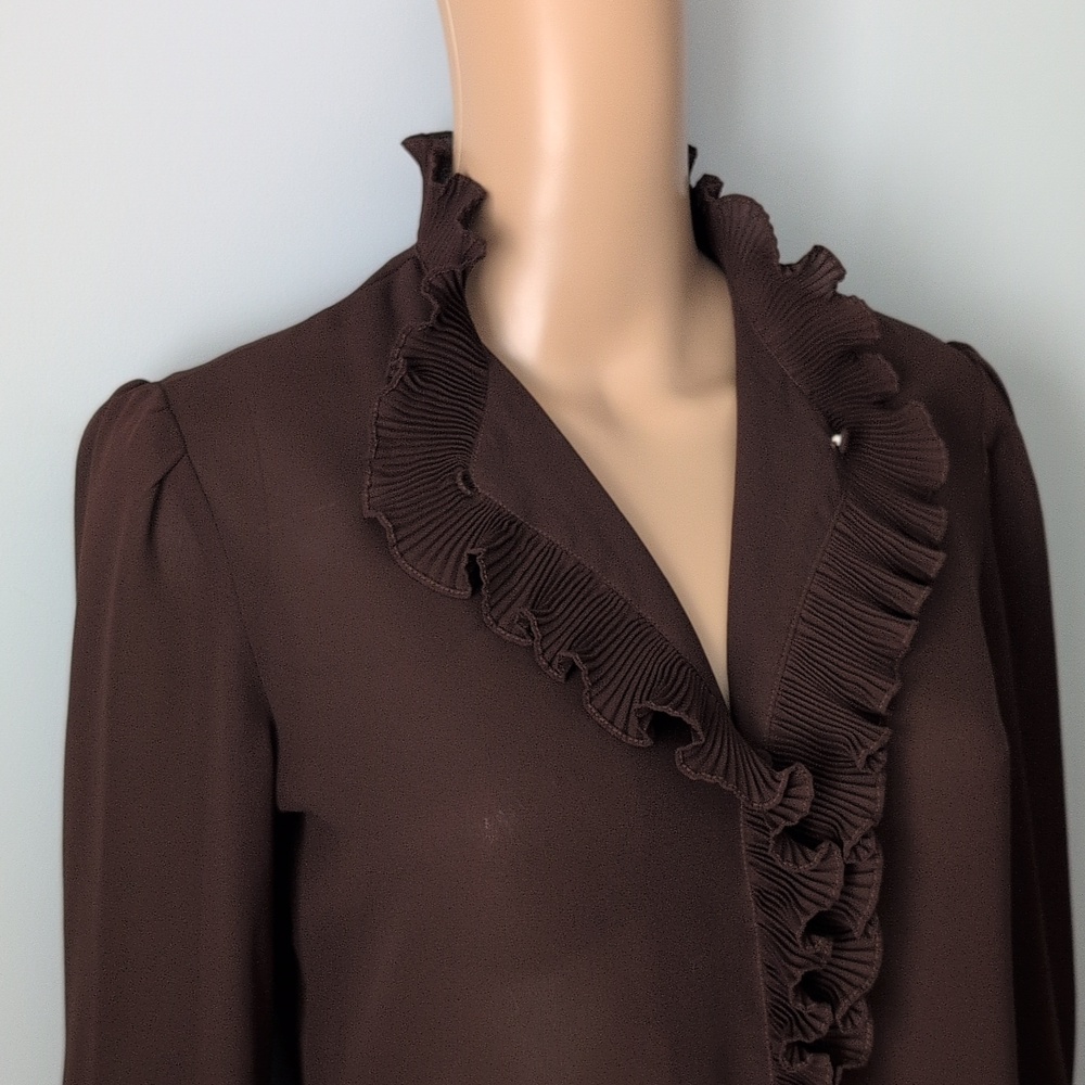 Vintage Whimsigoth Chocolate Brown Pleated Ruffled V-Neck Long Sleeve Blouse - Picture 5 of 16